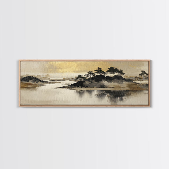 Japanese Ink Landscape Canvas Print, Hotel Art, Art Deco, Hotel Decor, Boutique, Minimalist Wall Art, Gallery Wall Art, HOT-3x1-34