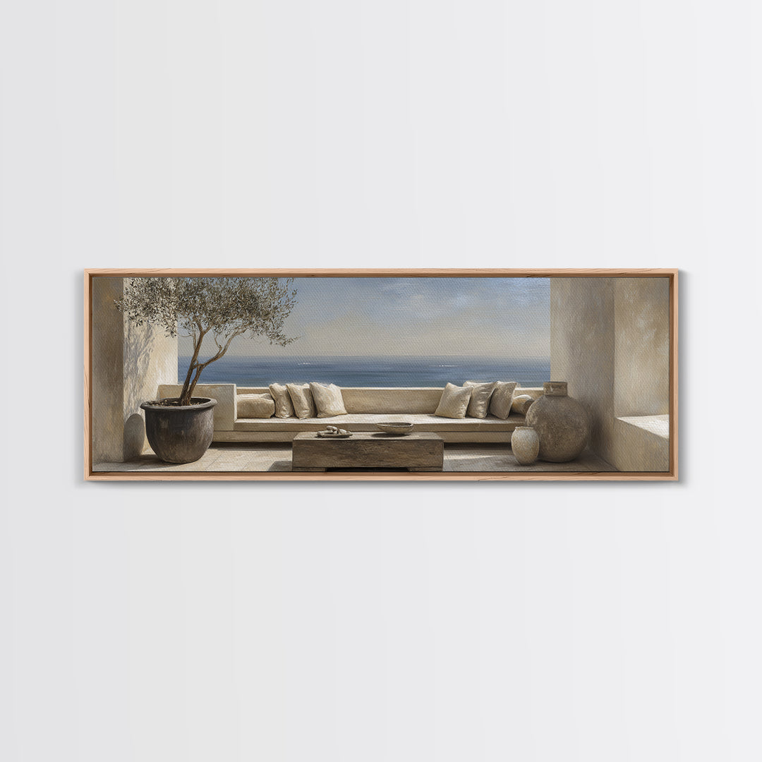 Mediterranean Terrace View Focused on Sea and Framed Canvas Print, Hotel Art, Art Print, Hotel Decor, Fine Art, Boutique, HOT-3x1-99