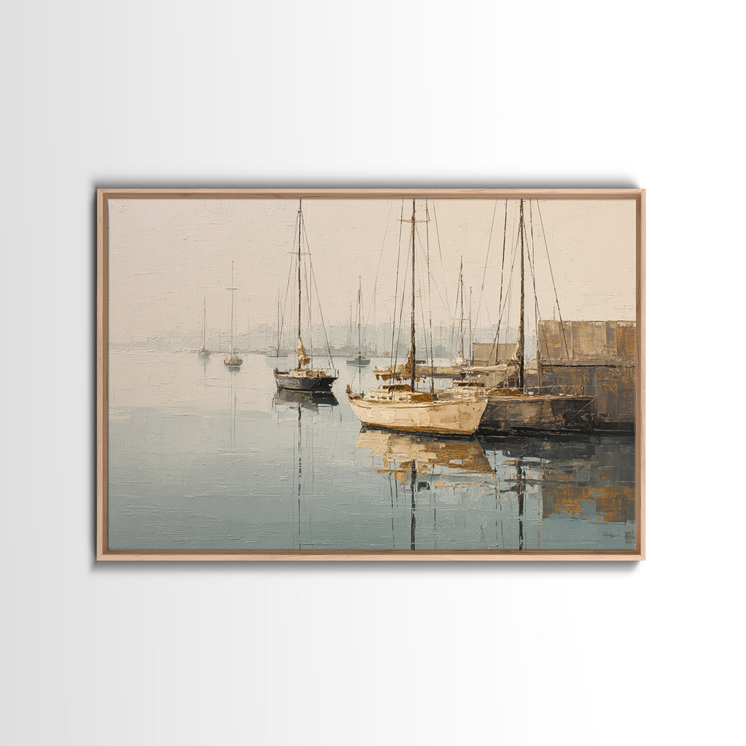 Quiet Harbor with Sailboats at Dawn Framed Canvas Print, Hotel Art, Mid Century Modern, Hotel Decor, Fine Art, Boutique, HOT-3x2-2