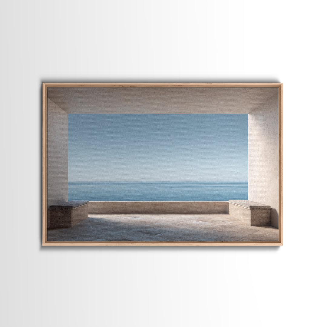 Mediterranean Terrace View Focused on Sea and Framed Canvas Print, Hotel Art, Contemporary Art, Hotel Decor, Fine Art, Boutique, HOT-3x2-39