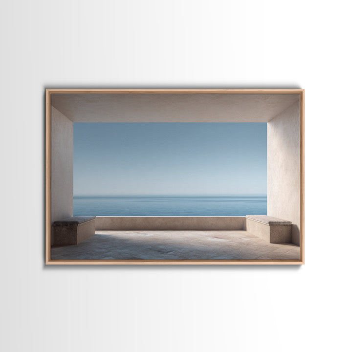Mediterranean Terrace View Focused on Sea and Framed Canvas Print, Hotel Art, Contemporary Art, Hotel Decor, Fine Art, Boutique, HOT-3x2-39