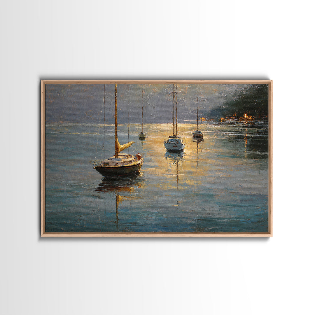 Quiet Harbor with Sailboats at Dawn Framed Canvas Print, Hotel Art, Coastal Wall Art, Hotel Decor, Oil Painting, Boutique, HOT-3x2-50
