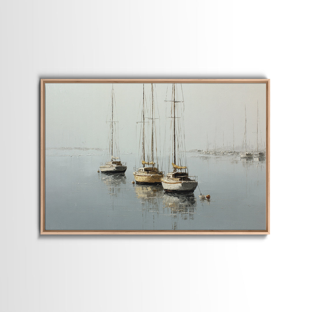 Quiet Harbor with Sailboats at Dawn Framed Canvas Print, Hotel Art, Coastal Wall Art, Hotel Decor, Oil Painting, Boutique, HOT-3x2-74