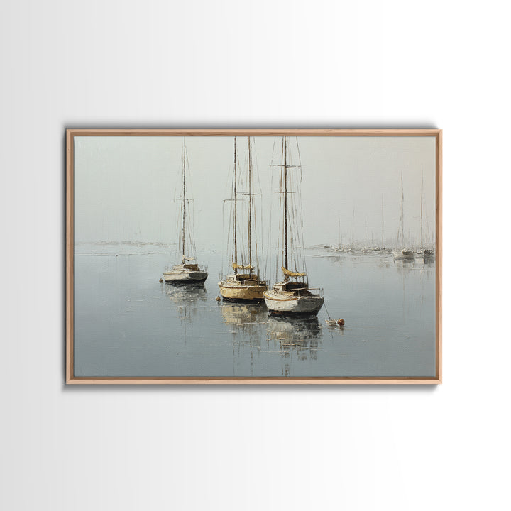 Quiet Harbor with Sailboats at Dawn Framed Canvas Print, Hotel Art, Coastal Wall Art, Hotel Decor, Oil Painting, Boutique, HOT-3x2-74