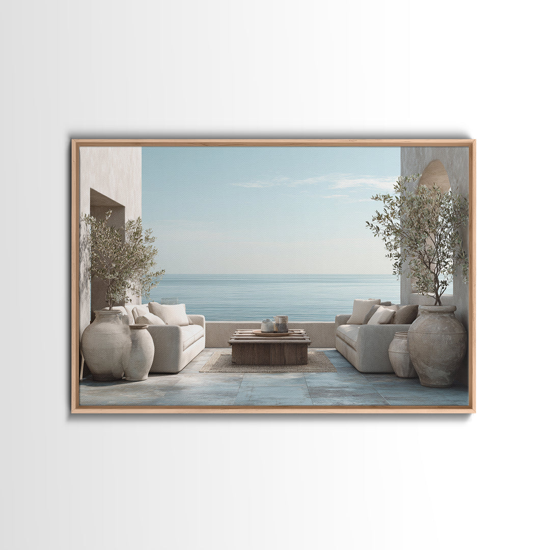 Mediterranean Terrace View Focused on Sea and Framed Canvas Print, Hotel Art, Poster, Hotel Decor, Fine Art, Boutique, HOT-3x2-87