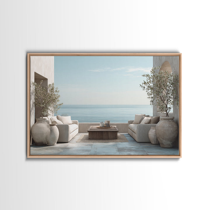 Mediterranean Terrace View Focused on Sea and Framed Canvas Print, Hotel Art, Poster, Hotel Decor, Fine Art, Boutique, HOT-3x2-87
