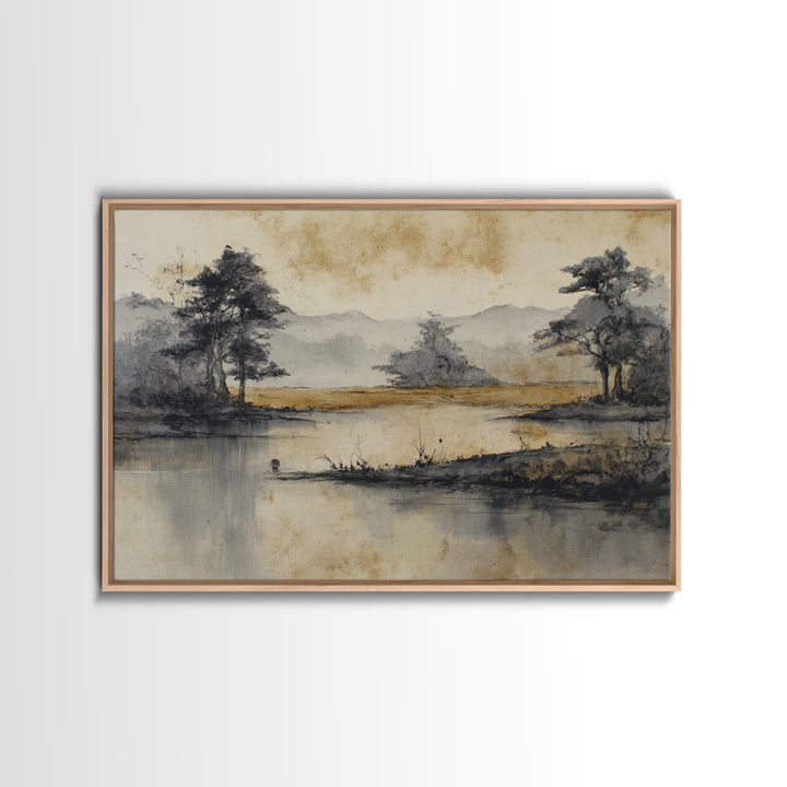 Japanese Ink Landscape Canvas Print, Hotel Art, Beach Prints, Hotel Decor, Fine Art, Boutique, Room Decor, Textured Painting, HOT-3x2-94