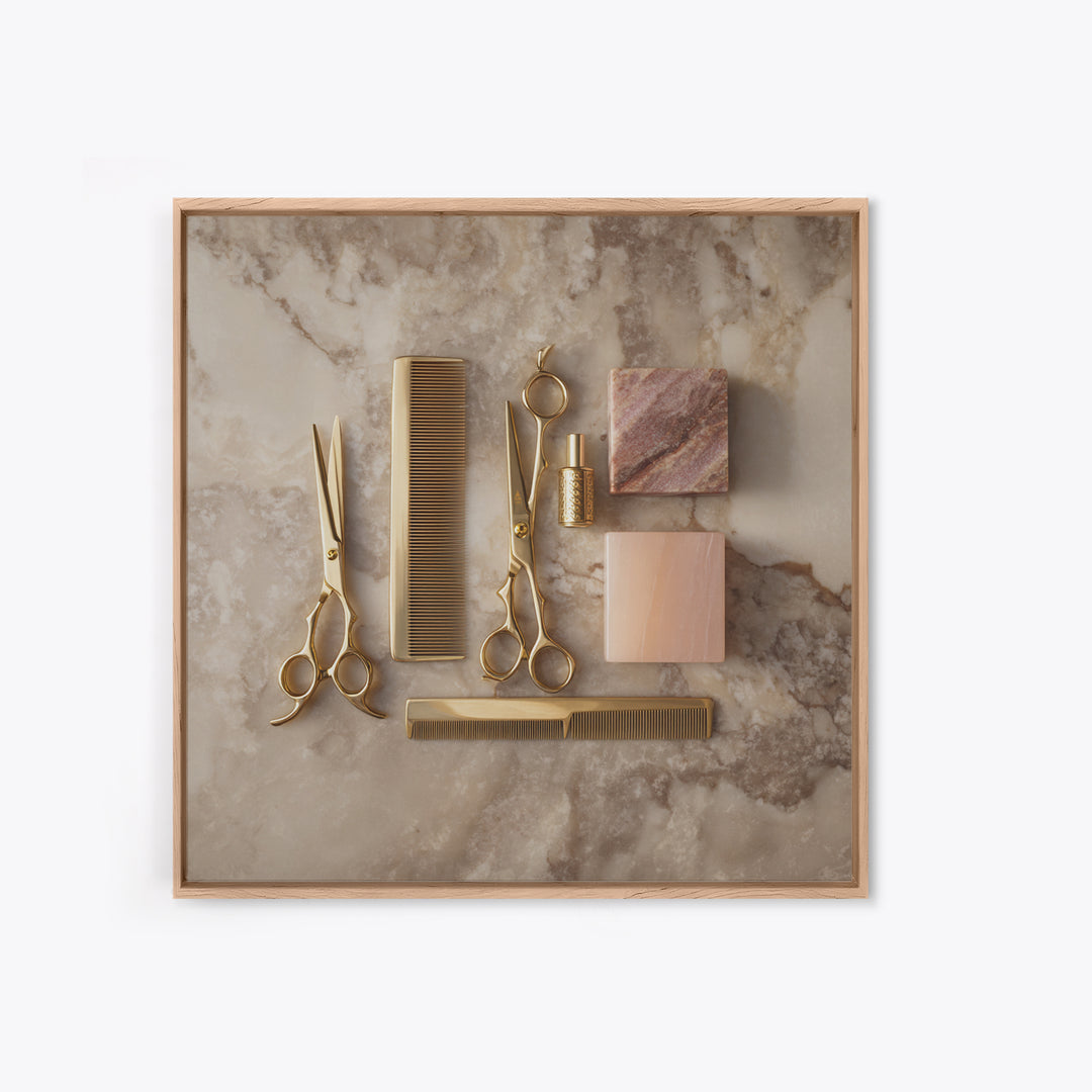 Gold Scissors and Comb Still Life on Framed Canvas Print, Hair Salon Art, Digital Download Art, Living Room Decor, Style, HSA-1x1-2