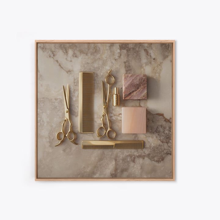 Gold Scissors and Comb Still Life on Framed Canvas Print, Hair Salon Art, Digital Download Art, Living Room Decor, Style, HSA-1x1-2