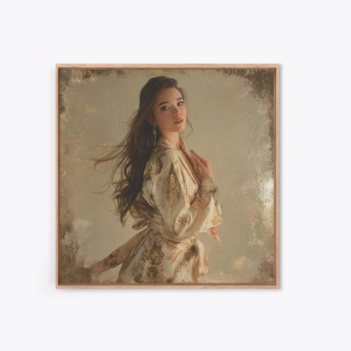 Fashion Portrait with Flowing Glossy Hair Canvas Print, Hair Salon Art, Neutral Decor, Living Room Decor, Oil Painting, Style, HSA-1x1-25