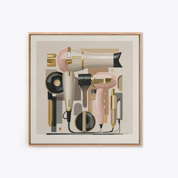 Hairdryer and Brush Framed Canvas Print, Hair Salon Art, Fine Art Print, Living Room Decor, Abstract Art, Style, Wall Decor, HSA-1x1-33