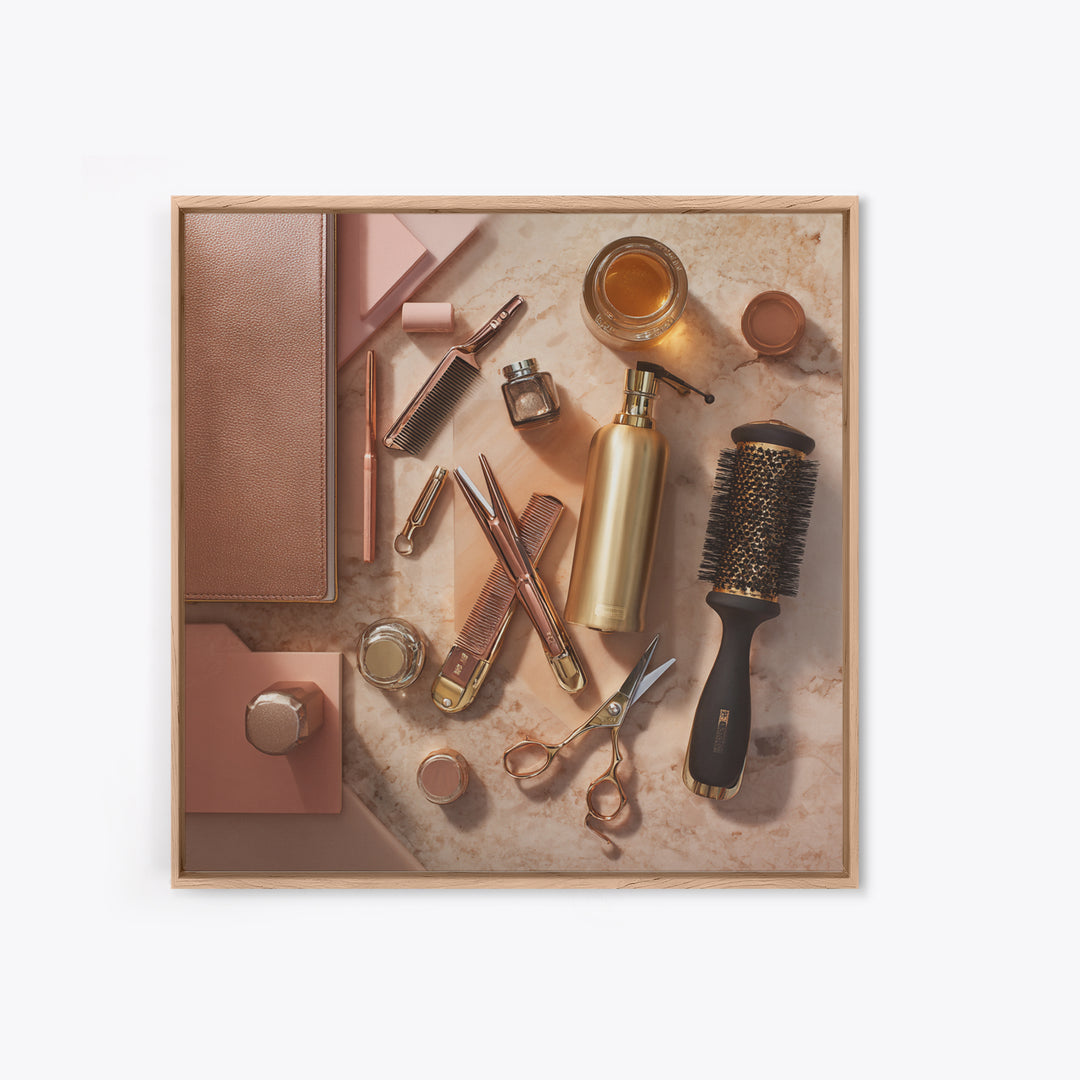 Rose Gold Salon Tool Still Life Framed Canvas Print, Hair Salon Art, Hairdresser Gift, Living Room Decor, Fine Art, Style, HSA-1x1-62