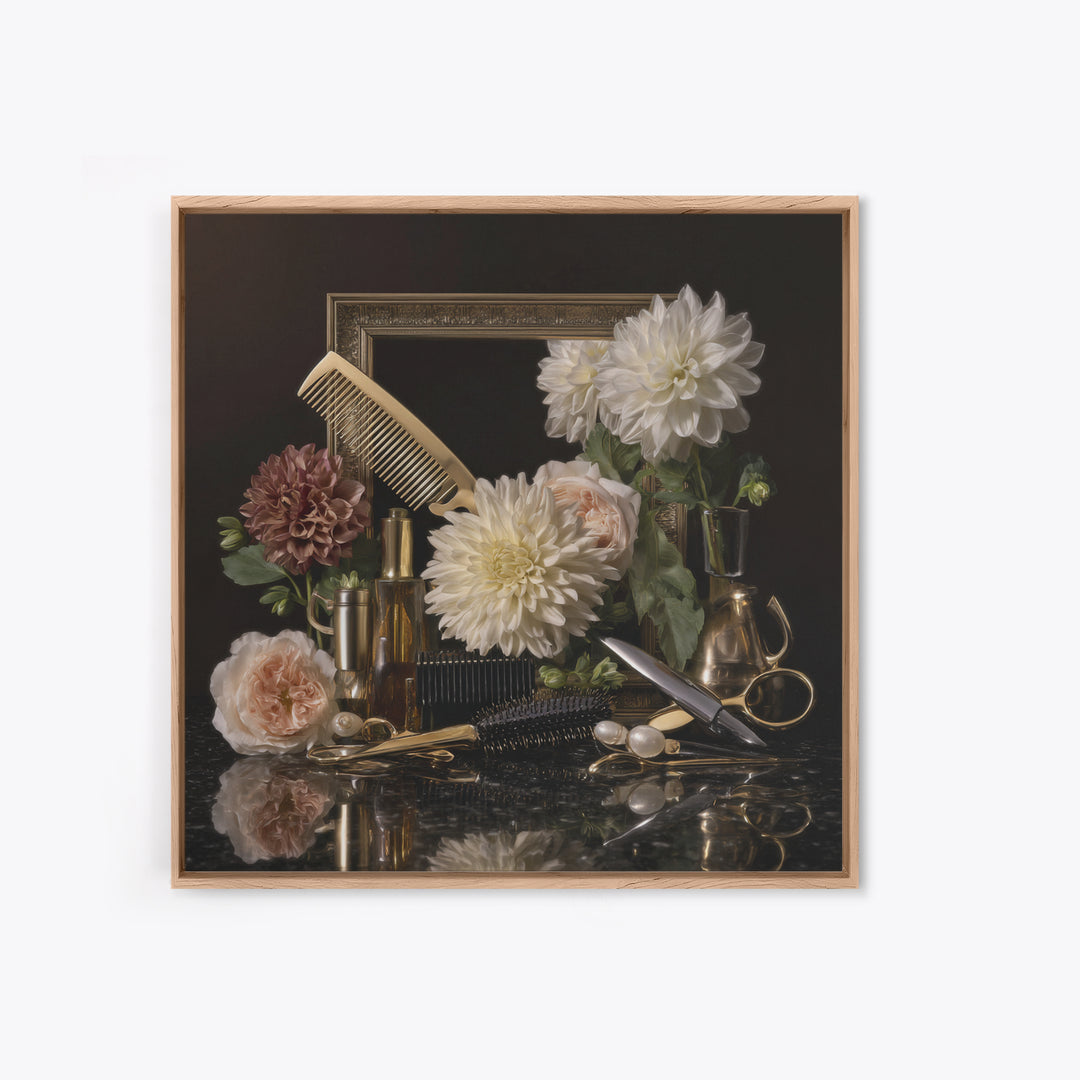 Baroque Mirror and Comb Still Life Framed Canvas Print, Hair Salon Art, Home Decor, Living Room Decor, Fine Art, Style, HSA-1x1-65