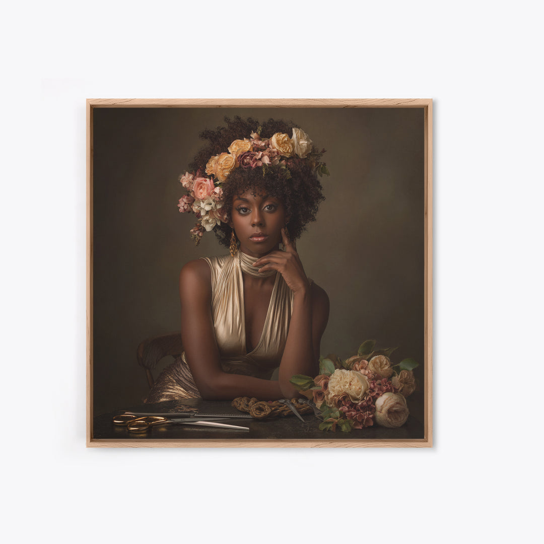 Afro Hair Portrait Framed Canvas Print, Hair Salon Art, Black Woman Wall Art, Living Room Decor, Oil Painting, Style, HSA-1x1-68