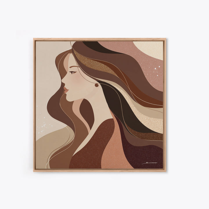 Fashion Portrait with Flowing Glossy Hair Framed Canvas Print, Hair Salon Art, Luxury Decor, Living Room Decor, Fine Art, Style, HSA-1x1-73