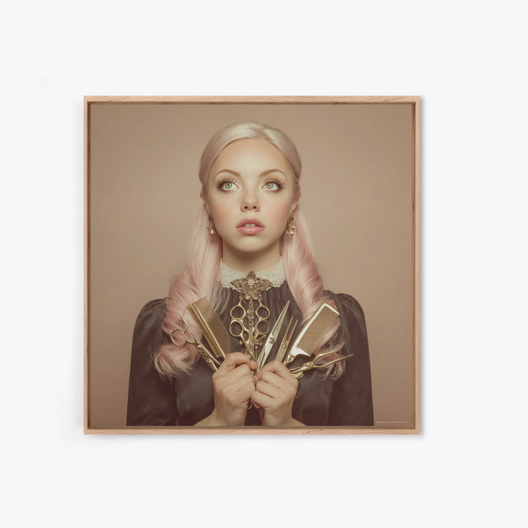 Glamour Face Portrait Framed Canvas Print, Hair Salon Art, Metal Wall Art, Living Room Decor, Style, Black and White Art, HSA-1x1-8