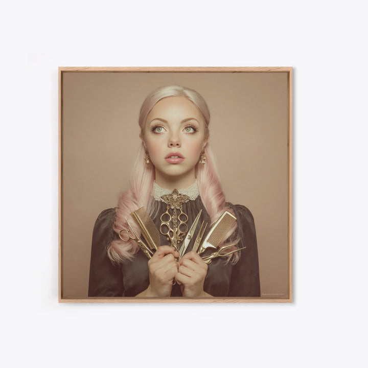 Glamour Face Portrait Framed Canvas Print, Hair Salon Art, Metal Wall Art, Living Room Decor, Style, Black and White Art, HSA-1x1-8