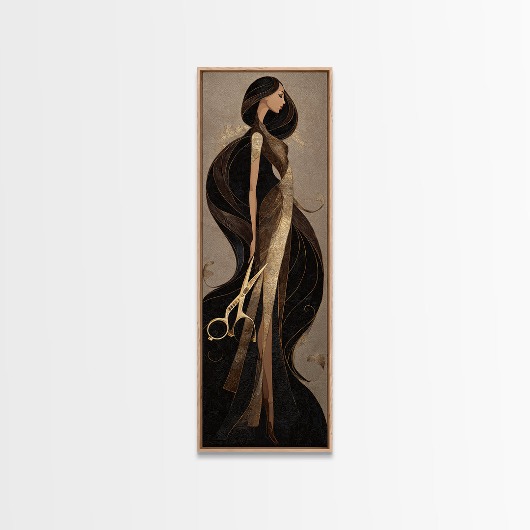 Luxury Black and Gold Beauty Emblem Canvas Print, Hair Salon Art, Statement Artwork, Living Room Decor, Oil Painting, Style, HSA-1x3-12