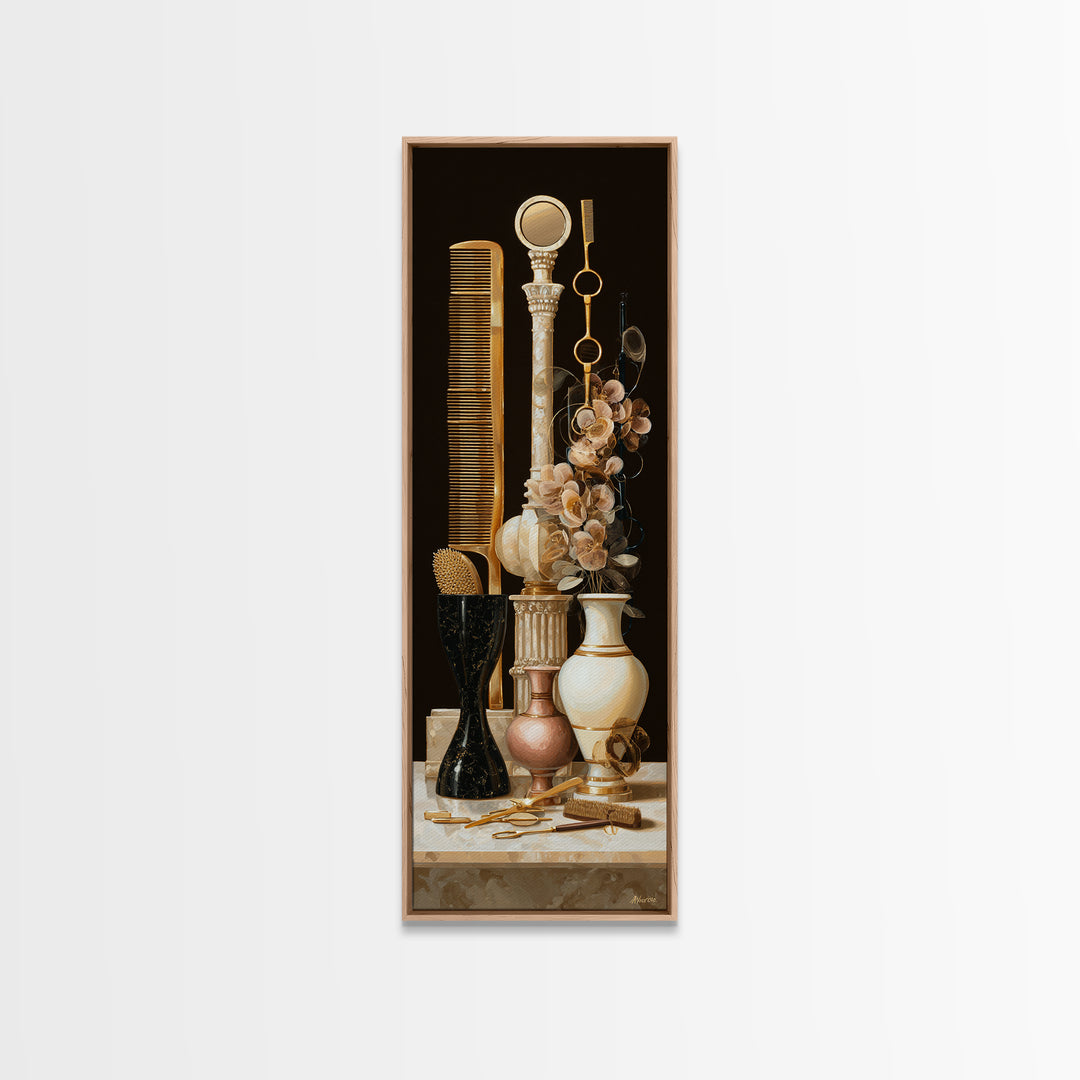 Baroque Mirror and Comb Still Life Framed Canvas Print, Hair Salon Art, Neutral Decor, Living Room Decor, Fine Art, Style, HSA-1x3-53