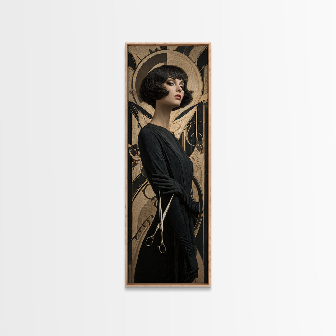 Woman with Dramatic Bob Haircut in Art Canvas Print, Hair Salon Art, African Art, Living Room Decor, Oil Painting, Style, HSA-1x3-88
