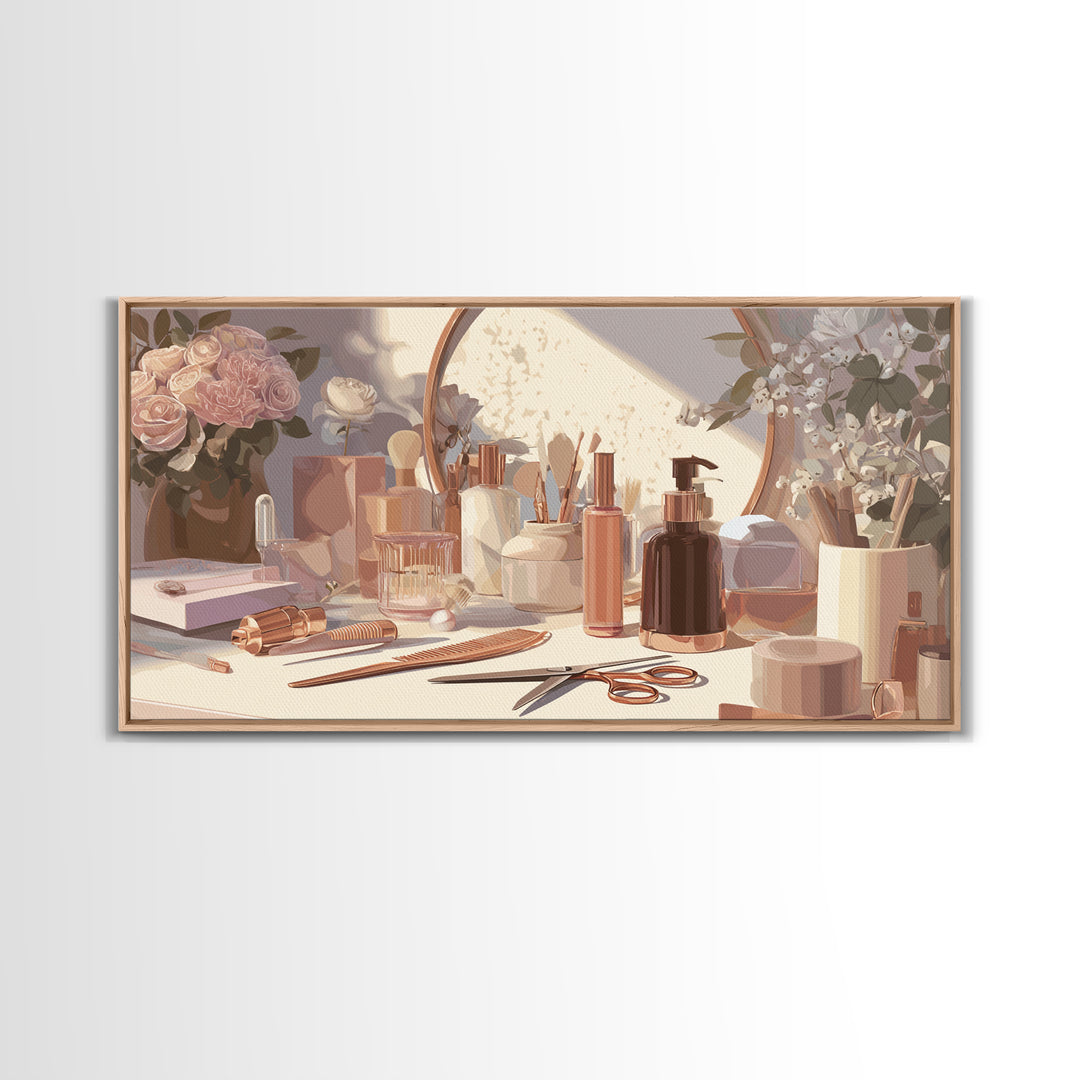 Rose Gold Salon Tool Still Life Framed Canvas Print, Hair Salon Art, Luxury Decor, Living Room Decor, Fine Art, Style, HSA-2x1-10