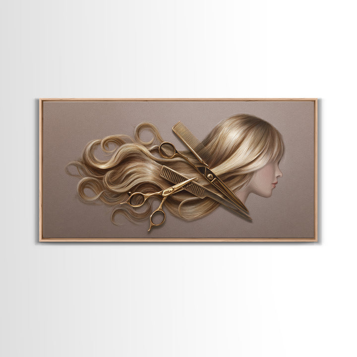 Luxury Black and Gold Beauty Emblem Framed Canvas Print, Hair Salon Art, Fine Art Print, Living Room Decor, Fine Art, Style, HSA-2x1-20
