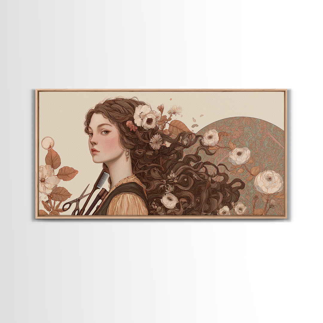 Botanical Hairstyle Portrait Canvas Print, Hair Salon Art, Boho Decor, Living Room Decor, Fine Art, Style, Art Print, HSA-2x1-26