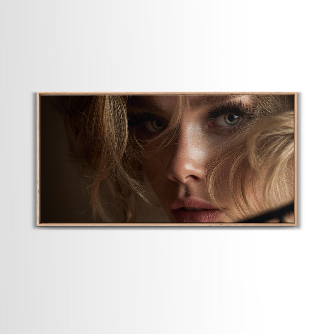 Glamour Face Portrait Framed Canvas Print, Hair Salon Art, Minimalist Decor, Living Room Decor, Fine Art, Style, Black Wall Art, HSA-2x1-28