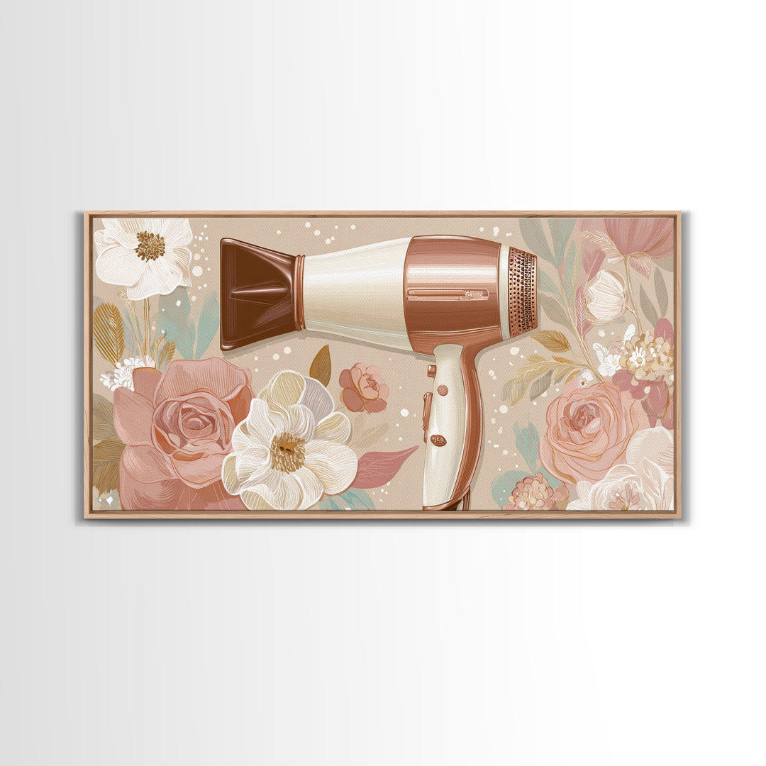 Hairdryer and Brush Framed Canvas Print, Hair Salon Art, Art, Living Room Decor, Watercolor Art, Style, Black Art Prints, HSA-2x1-29