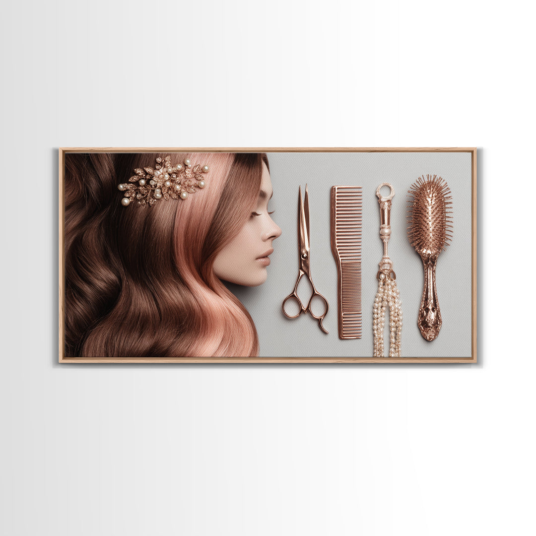 Rose Gold Salon Tool Still Life Framed Canvas Print, Hair Salon Art, Luxury Decor, Living Room Decor, Fine Art, Style, HSA-2x1-34