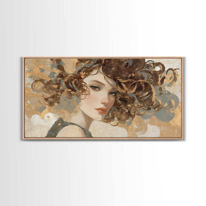 Curly Hair Portrait Framed Canvas Print, Hair Salon Art, Living Room Decor, Oil Painting, Style, Printable Art, HSA-2x1-35