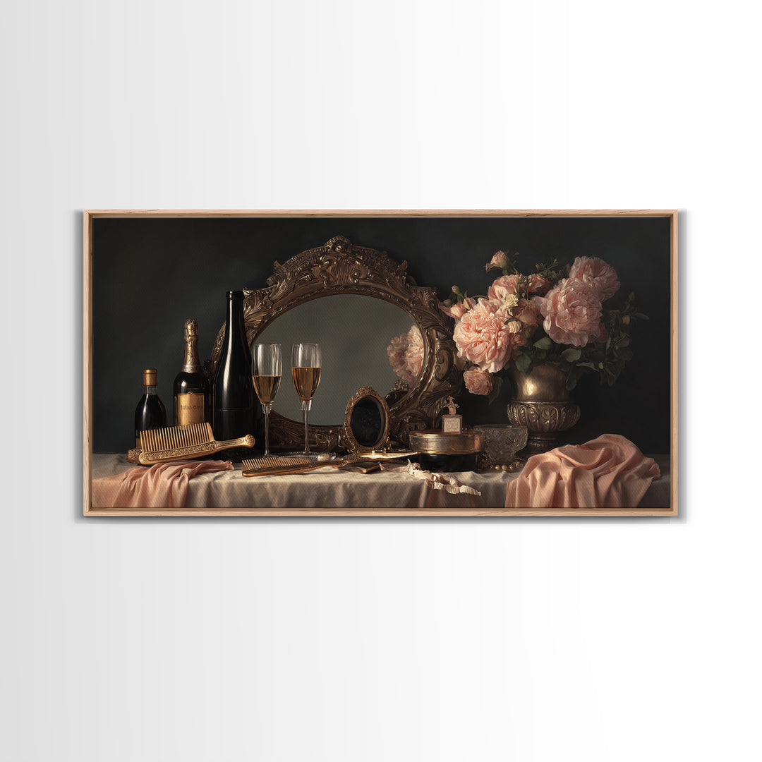 Baroque Mirror and Comb Still Life Framed Canvas Print, Hair Salon Art, Minimalist Decor, Living Room Decor, Fine Art, Style, HSA-2x1-37