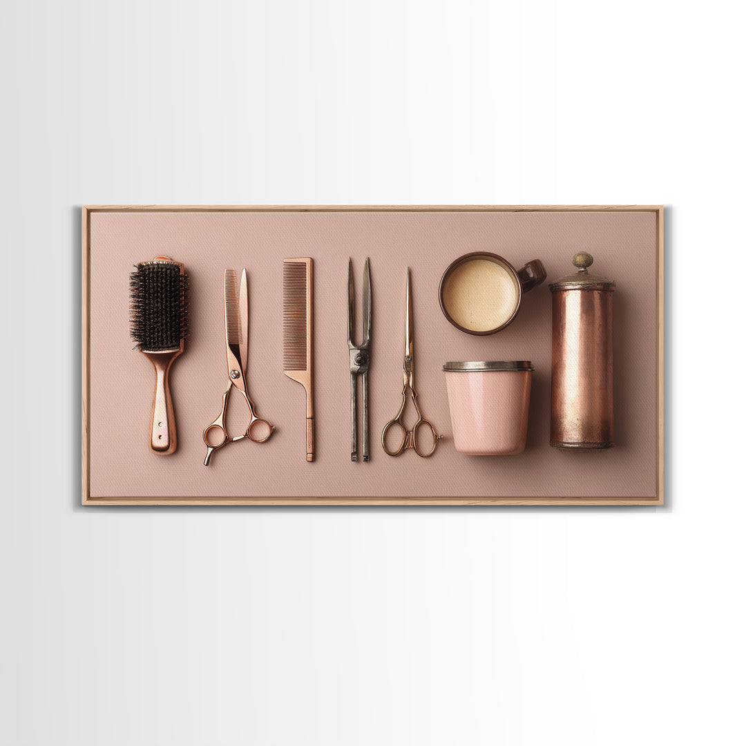 Rose Gold Salon Tool Still Life Canvas Print, Hair Salon Art, Wall Art, Living Room Decor, Fine Art, Style, Minimalist Wall Art, HSA-2x1-58