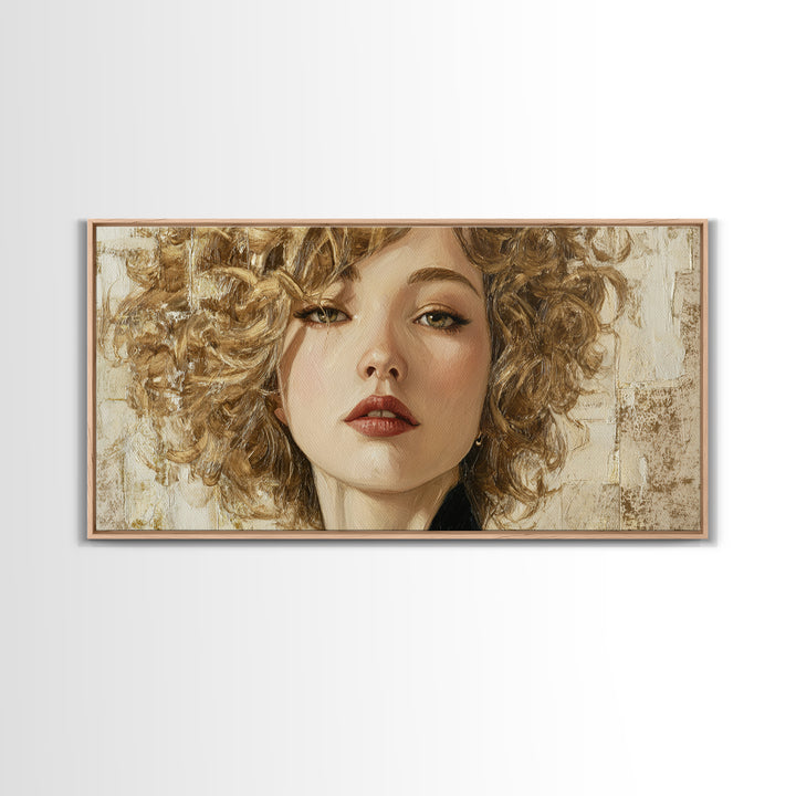 Curly Hair Portrait Framed Canvas Print, Hair Salon Art, Black and White Art, Living Room Decor, Fine Art, Style, Neutral Decor, HSA-2x1-59