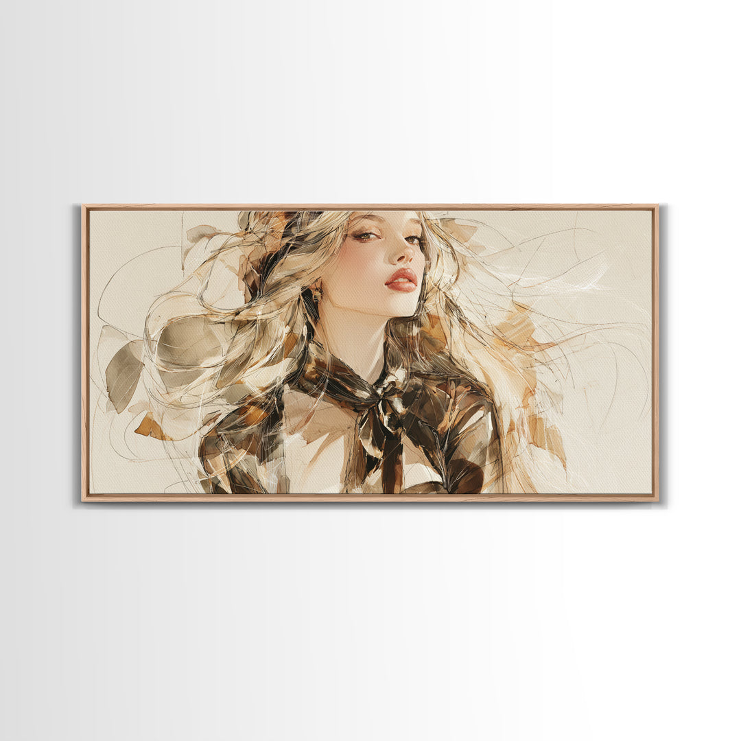 Fashion Portrait with Flowing Glossy Hair Canvas Print, Hair Salon Art, Modern Art, Living Room Decor, Fine Art, Style, HSA-2x1-69