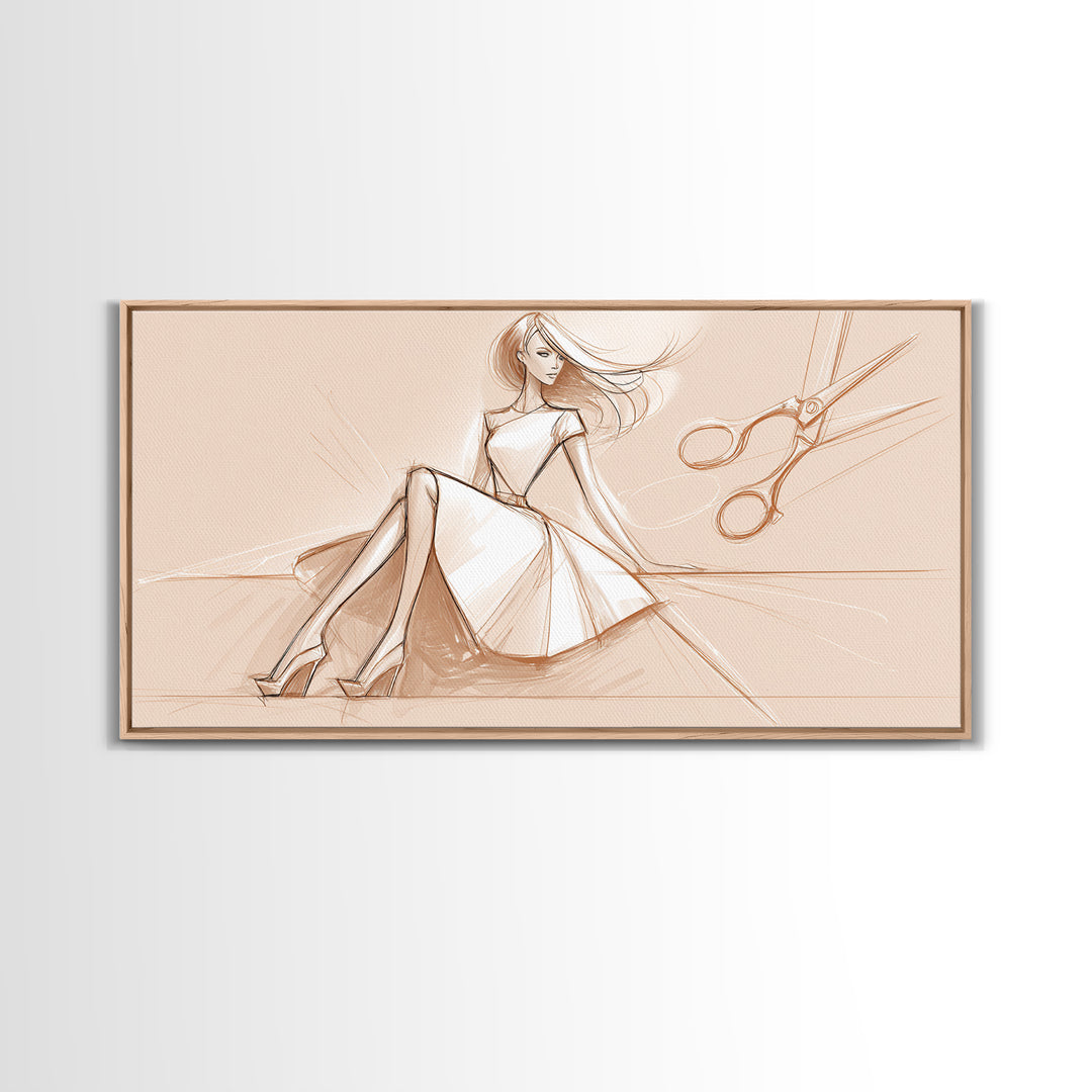Black and White Line Art Salon Figure Framed Canvas Print, Hair Salon Art, Statement Artwork, Living Room Decor, Oil Painting, HSA-2x1-75