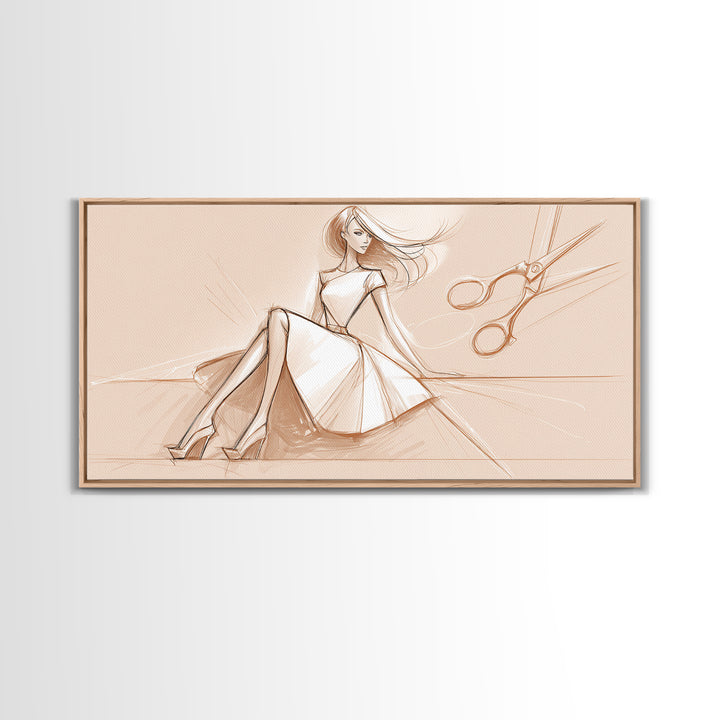 Black and White Line Art Salon Figure Framed Canvas Print, Hair Salon Art, Statement Artwork, Living Room Decor, Oil Painting, HSA-2x1-75