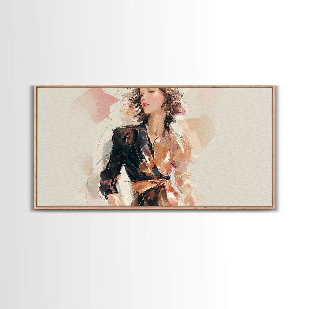 Colorful Fashion Illustration of a Stylish Woman Framed Canvas Print, Hair Salon Art, Black Art, Living Room Decor, Style, HSA-2x1-81