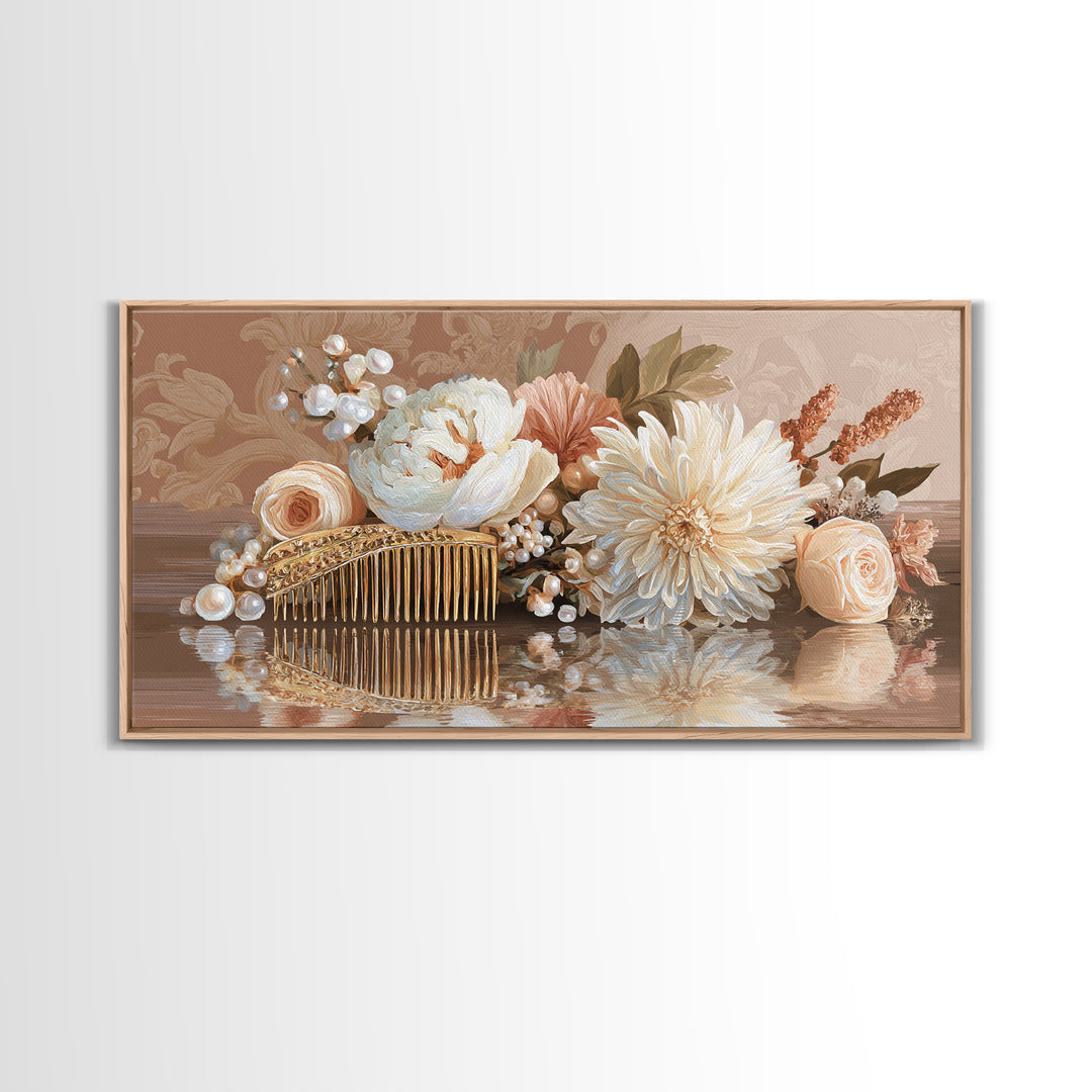 Baroque Mirror and Comb Still Life Framed Canvas Print, Hair Salon Art, Printable Art, Living Room Decor, Fine Art, Style, HSA-2x1-85