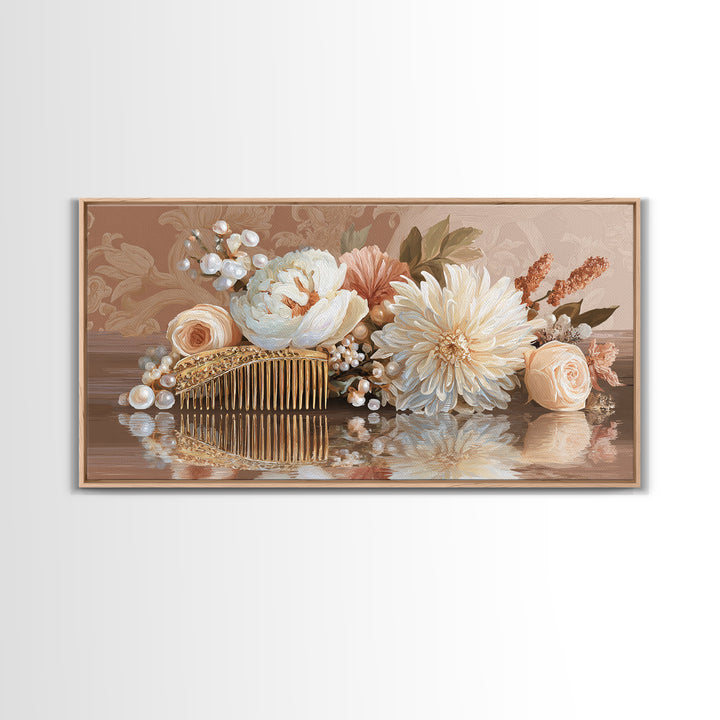 Baroque Mirror and Comb Still Life Framed Canvas Print, Hair Salon Art, Printable Art, Living Room Decor, Fine Art, Style, HSA-2x1-85