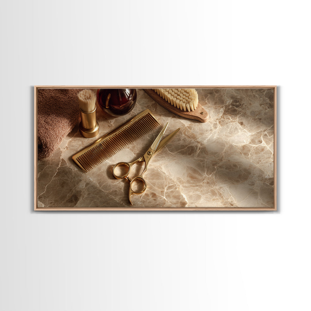Gold Scissors and Comb Still Life on Canvas Print, Hair Salon Art, Wall Decor, Living Room Decor, Fine Art, Style, African Art, HSA-2x1-94