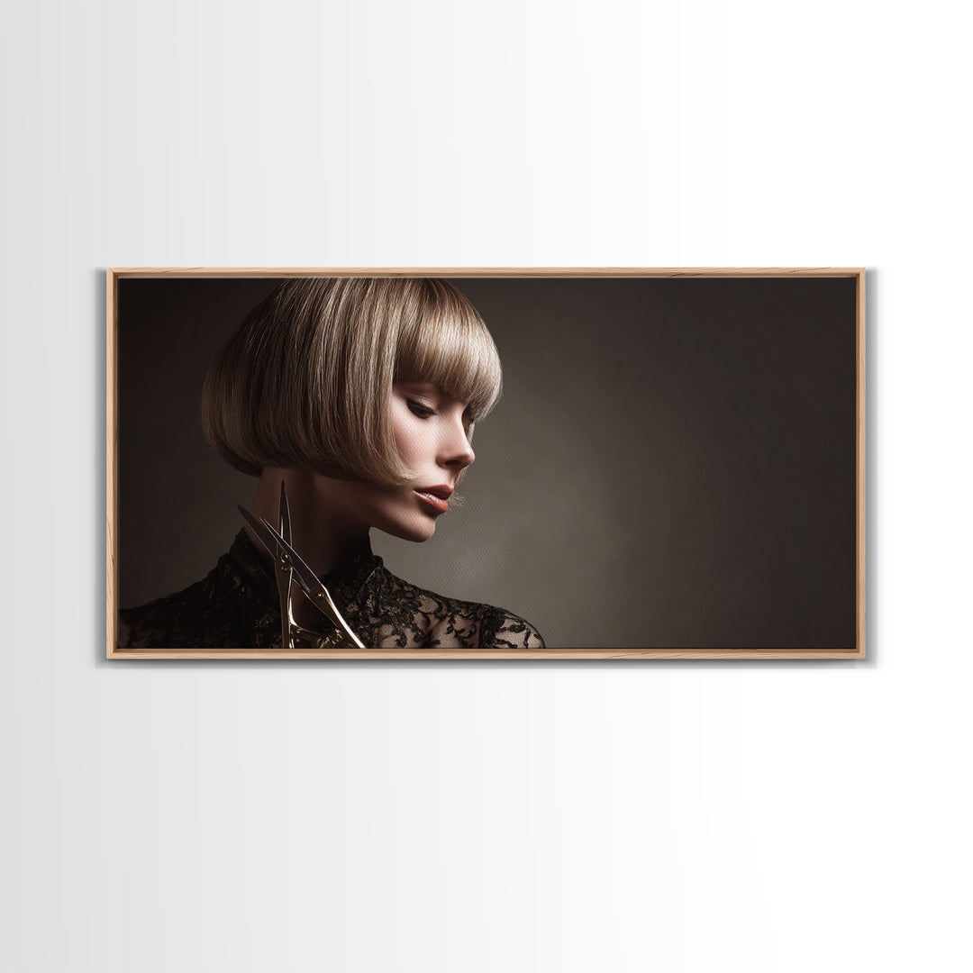 Woman with Dramatic Bob Haircut in Art Framed Canvas Print, Hair Salon Art, Black and White Art, Living Room Decor, Style, HSA-2x1-96