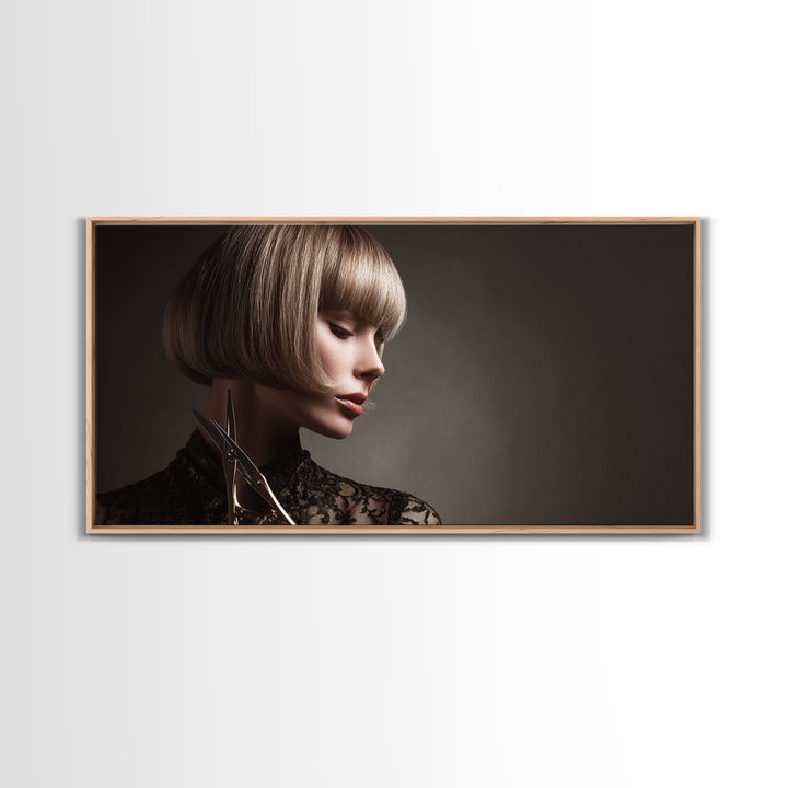 Woman with Dramatic Bob Haircut in Art Framed Canvas Print, Hair Salon Art, Black and White Art, Living Room Decor, Style, HSA-2x1-96