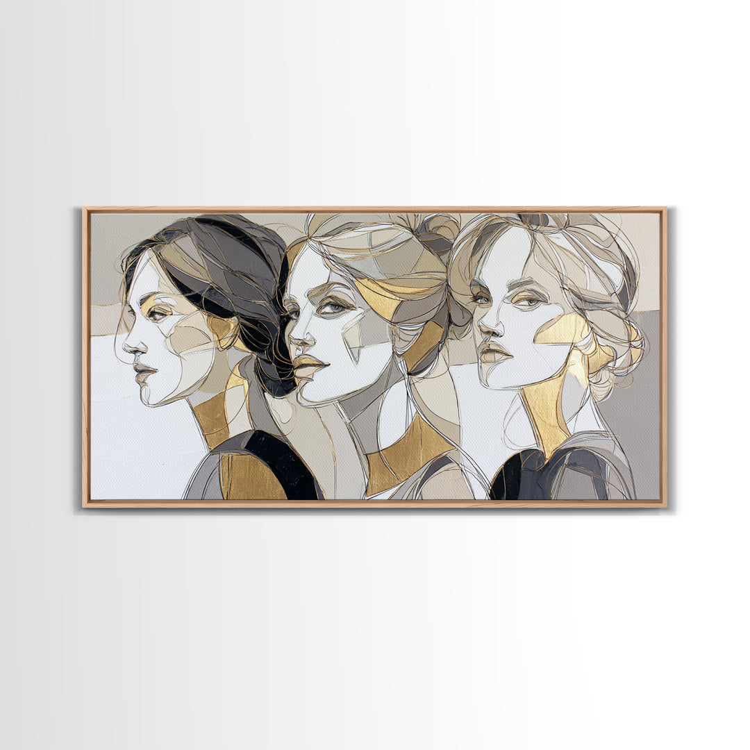 Black and White Line Art Salon Figure Framed Canvas Print, Hair Salon Art, Black Art Prints, Living Room Decor, Fine Art, Style, HSA-2x1-99