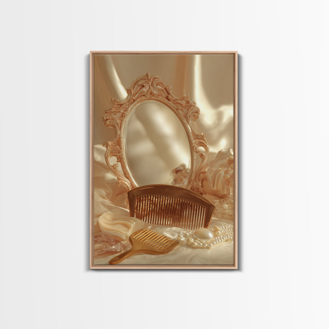 Baroque Mirror and Comb Still Life Framed Canvas Print, Hair Salon Art, Wall Art, Living Room Decor, Fine Art, Style, HSA-2x3-1