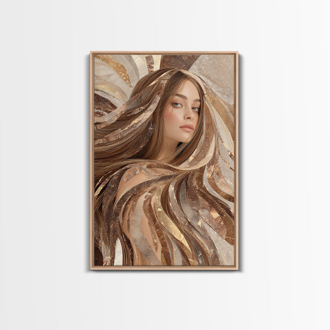 Fashion Portrait with Flowing Glossy Hair Framed Canvas Print, Hair Salon Art, Metal Wall Art, Living Room Decor, Style, HSA-2x3-33