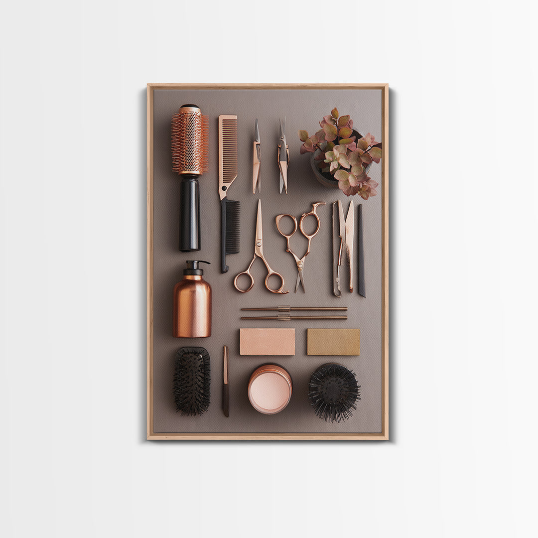 Rose Gold Salon Tool Still Life Framed Canvas Print, Hair Salon Art, Textured Painting, Living Room Decor, Fine Art, Style, HSA-2x3-46