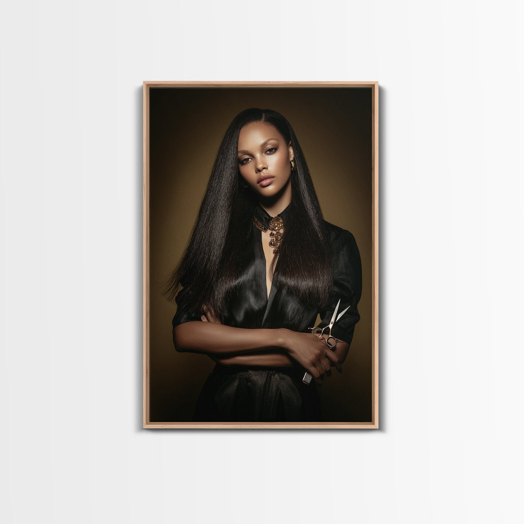 Luxury Black and Gold Beauty Emblem Framed Canvas Print, Hair Salon Art, Gallery Decor, Living Room Decor, Abstract Art, Style, HSA-2x3-56