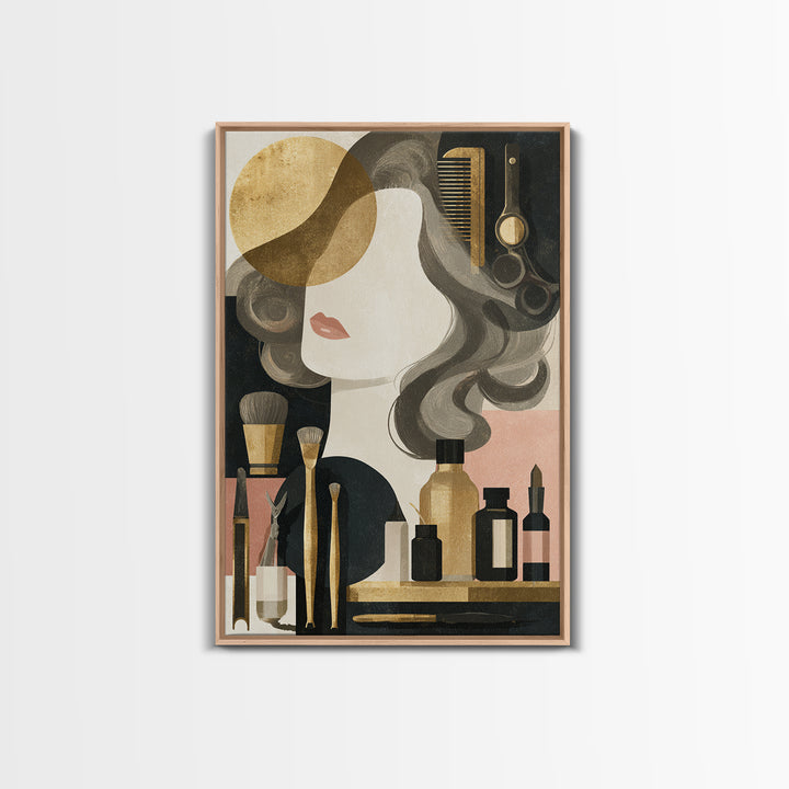 Luxury Black and Gold Beauty Emblem Framed Canvas Print, Hair Salon Art, Living Room Decor, Watercolor Art, Style, HSA-2x3-80