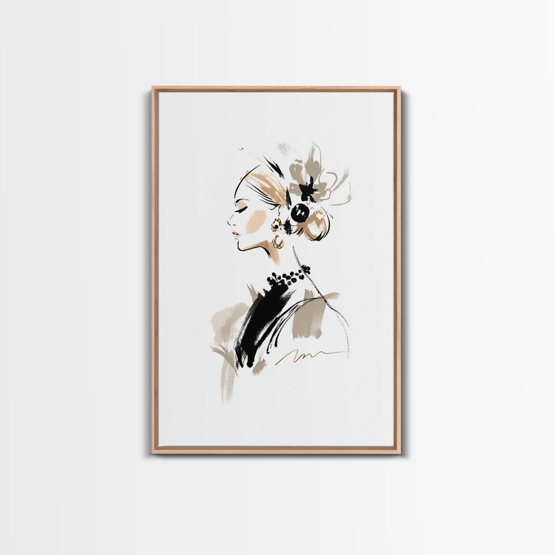 Black and White Line Art Salon Figure Framed Canvas Print, Hair Salon Art, African Art, Living Room Decor, Fine Art, Style, HSA-2x3-87